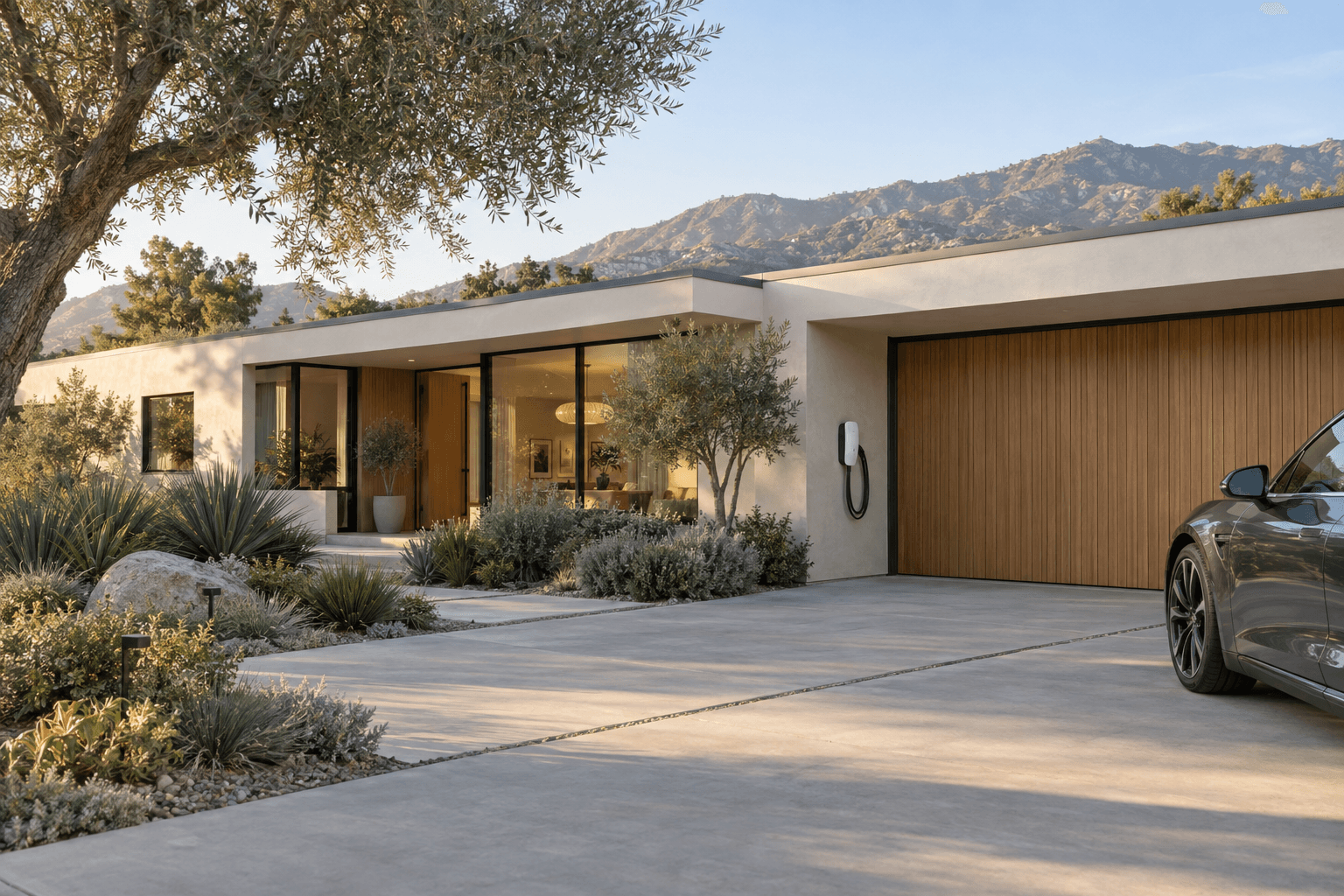 Illustrative California home with a garage-mounted EV charger and native landscaping